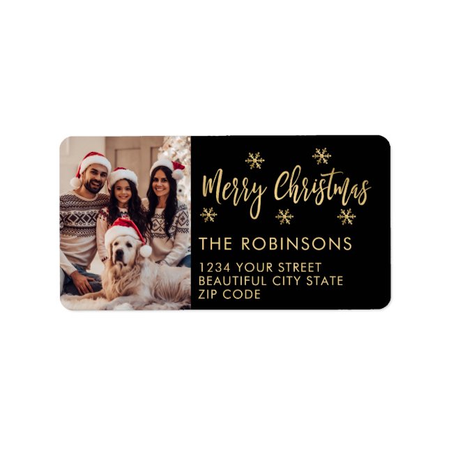 Svart och Guld Snowflake-Returadressen Jul Adressetikett (Framsidan)