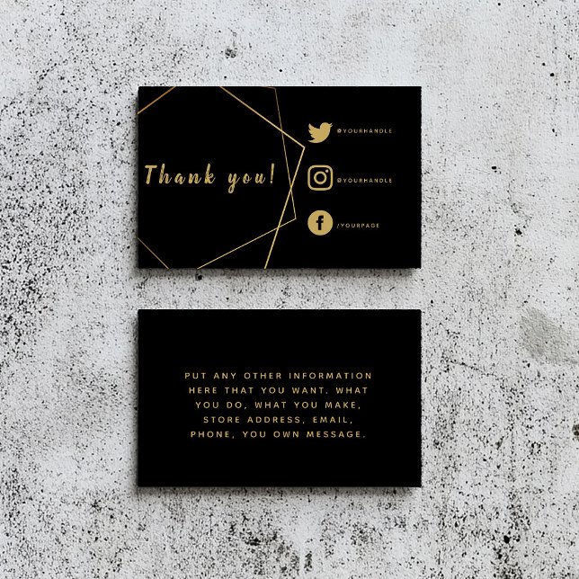 Svart och guld sociala länkar beställer kort. tilläggskort (Black thank you insert card for customer orders with gold geometric border and social media details.)