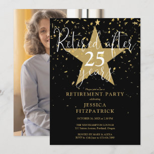 Svart och guld stjärnor foto pensioneringsfest inbjudningar