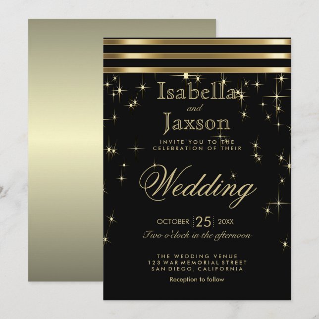 Svart och Guld-stjärnor med Pub Inbjudningar (Fram/baksida)