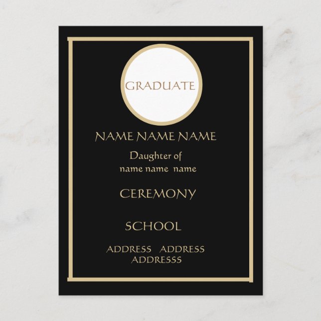 SVART OCH GULD STUDENTEN INFOGA 4.25 X 5.6 VYKORT (Framsida)