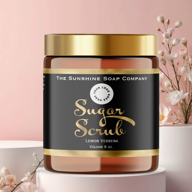 Svart och Guld Sugar SCrub Burk med logotyp Vattenflaskor Etikett (Skapare uppladdad)