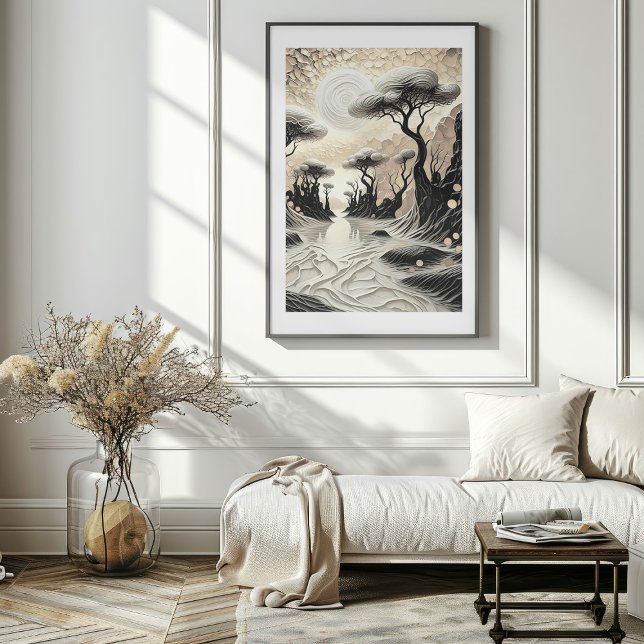 Svart och Guld Surreal Ligcape Art Poster (Black and Gold Surreal Landscape Art Poster Mockup 1)