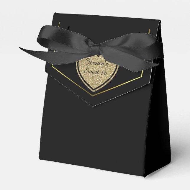 Svart och Guld Sweet 16 Favor Gift Box Presentaskar (Framsidan Sidan)