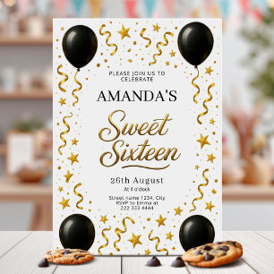 Svart och guld Sweet 16 födelsedagsfest Inbjudningar
