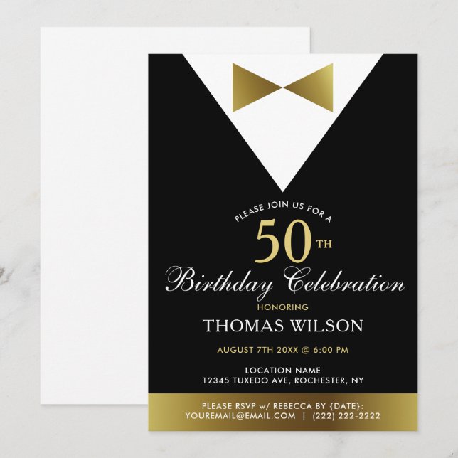 Svart och Guld Tuxedo | 50:e födelsedagsinbjudan Inbjudningar (Fram/baksida)