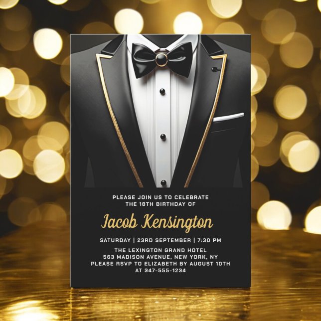 Svart och Guld Tuxedo-födelsedagshändelse 18:e Inbjudningar (Skapare uppladdad)