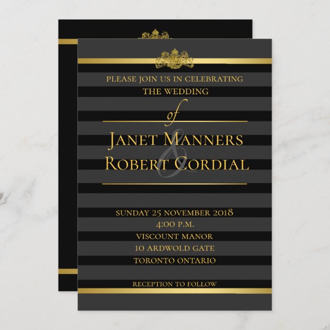 Svart och Guld Tuxedo Rand Formellt Elegant bröllo Inbjudningar (Fram/baksida)