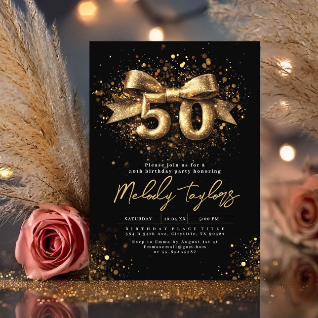 Svart och Guld-typografi 50:e födelsedagen Inbjudningar (Gold Glitter Glam Black 50th Birthday Invitation)
