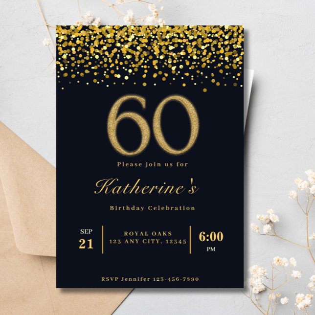 Svart och Guld-typografi 60:e moderna födelsedagen Inbjudningar (Skapare uppladdad)