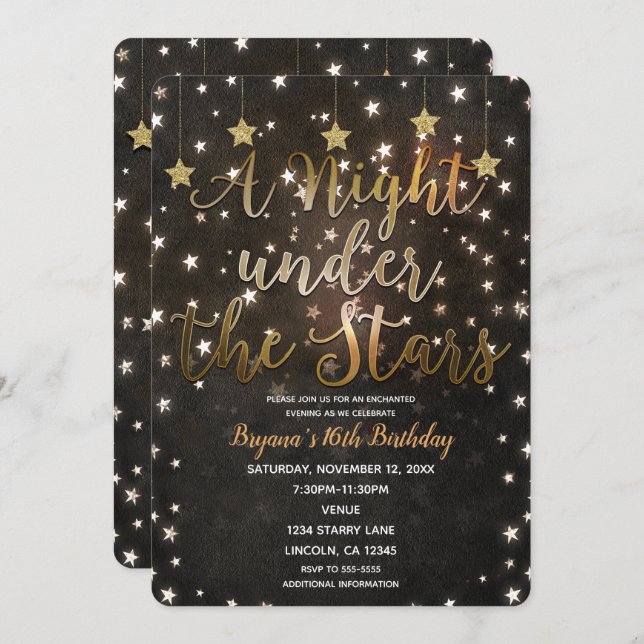 Svart och Guld under Stars Sweet 16 Inbjudningar (Fram/baksida)