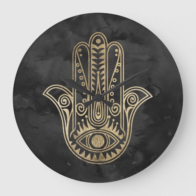 Svart och guld vattenfärgshamsa hand av Fatima Stor Klocka (Framsida)