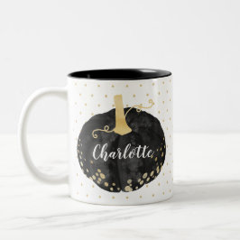 Svart och Guld Watercolor Monogram Pumpkin Hallowe Två-Tonad Mugg