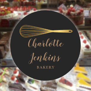 Svart och Guld Whisk Bakery Patisserie Script Runt Klistermärke