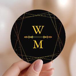 Svart och guldgeometrisk monogrampresent för bröll runt klistermärke