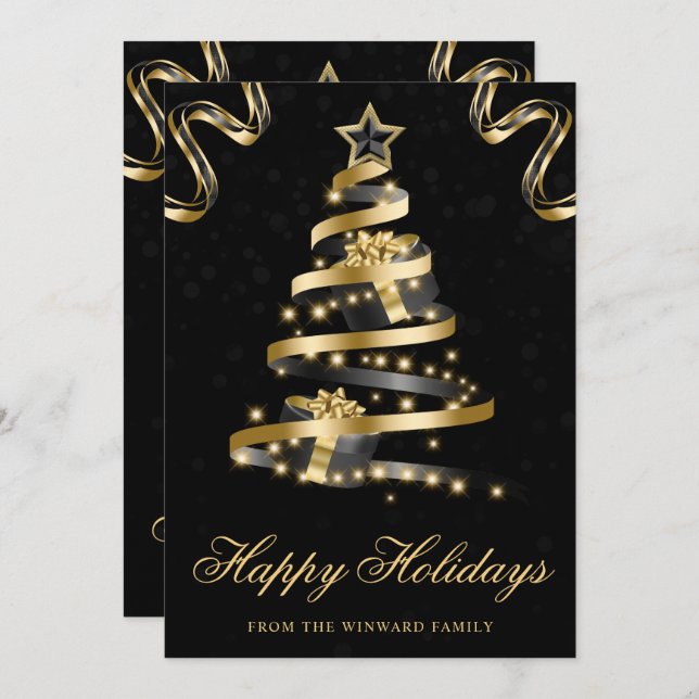 Svart och guldgnistrande band julgran julkort (Fram/baksida)