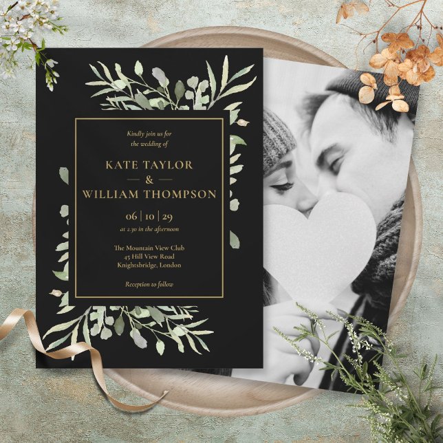 Svart och guldgrön foto bröllop inbjudningar (Black And Gold Greenery Photo Wedding Invitation)