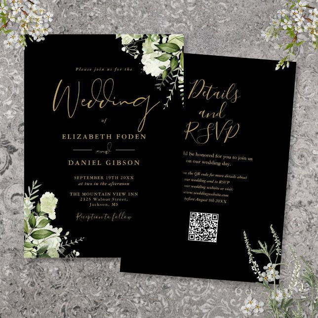 Svart och guldgrönska Blommig QR-kod Bröllop Inbjudningar (Black And Gold Greenery Floral QR Code Wedding Invitation)