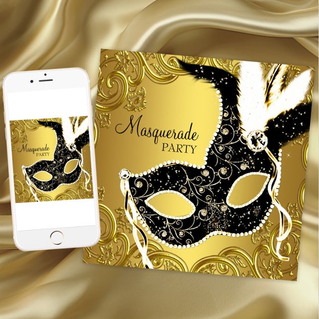 Svart och guldmaskerad Maskeradbal Inbjudningar (Any occasion masquerade party invitation. Instant download and printed invitations available.)