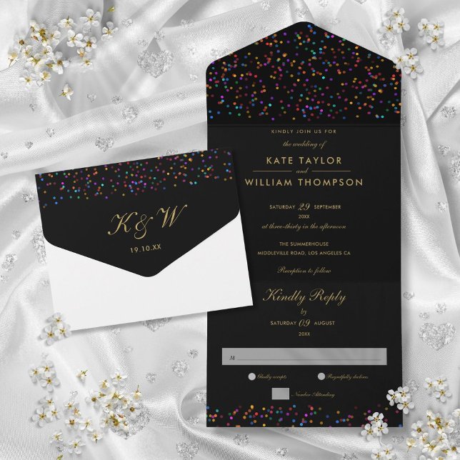 Svart och guldmonogram bröllop med regnbågskonfett (Rainbow Confetti Black And Gold Monogram Wedding All In One Invitation)