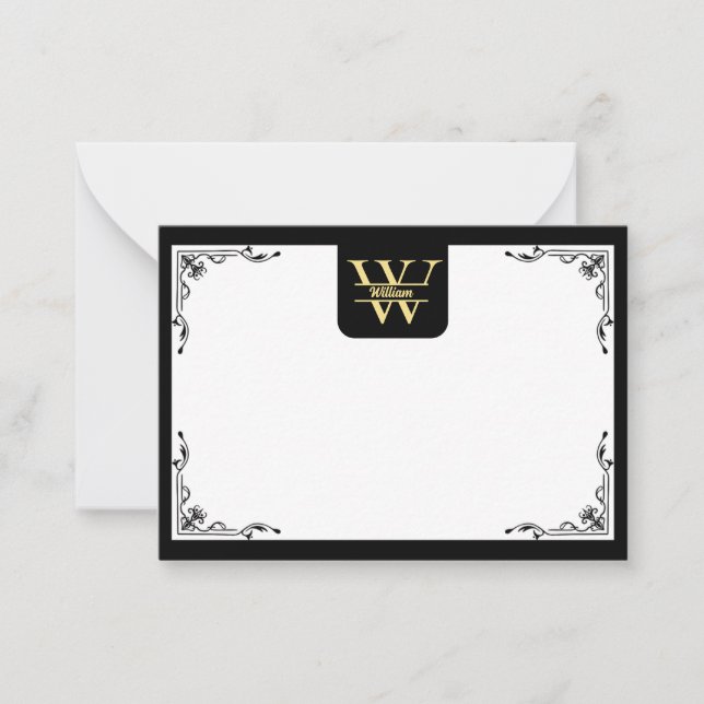 Svart och guldmonogram | Elegant initialskrift  Anteckningskort (Framsida)