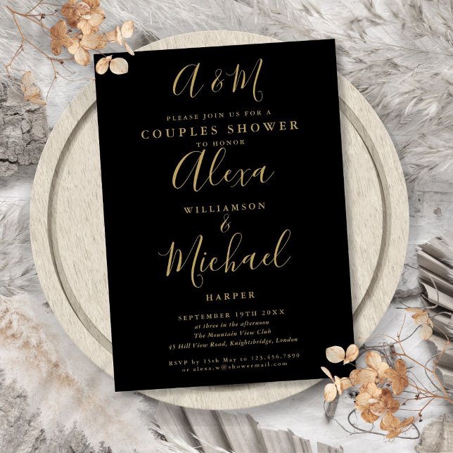 Svart och guldmonogram för bröllopsfirande för par inbjudningar (Black And Gold Monogram Couples Wedding Shower Invitation)