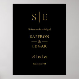 Svart och guldmonogram välkomstskylt för bröllop poster