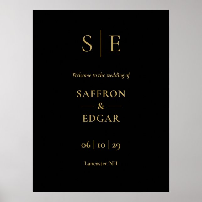 Svart och guldmonogram välkomstskylt för bröllop poster (Framsidan)