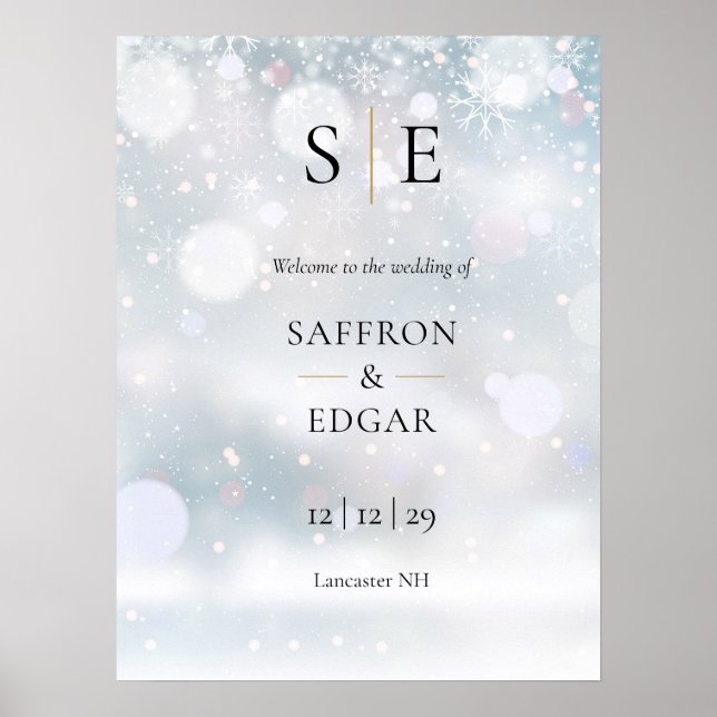 Svart och guldmonogram Välkomstskylt för vinterbrö Poster (Framsidan)