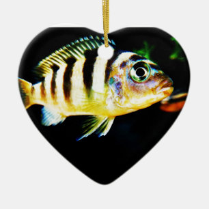 Svart och Gult African Cichlid Fish Julgransprydnad Keramik