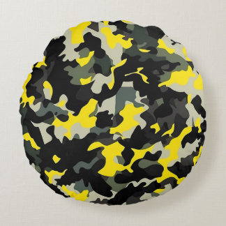 Svart och Gult Camouflage Mönster Rund Kudde