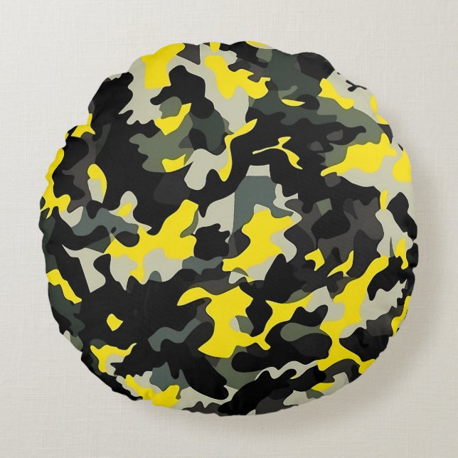 Svart och Gult Camouflage Mönster Rund Kudde (Framsidan)