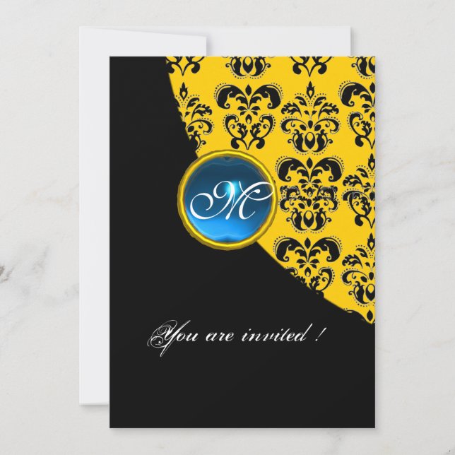 SVART OCH GULT DAMASK MONOGRAM, blå sapphire Inbjudningar (Framsida)