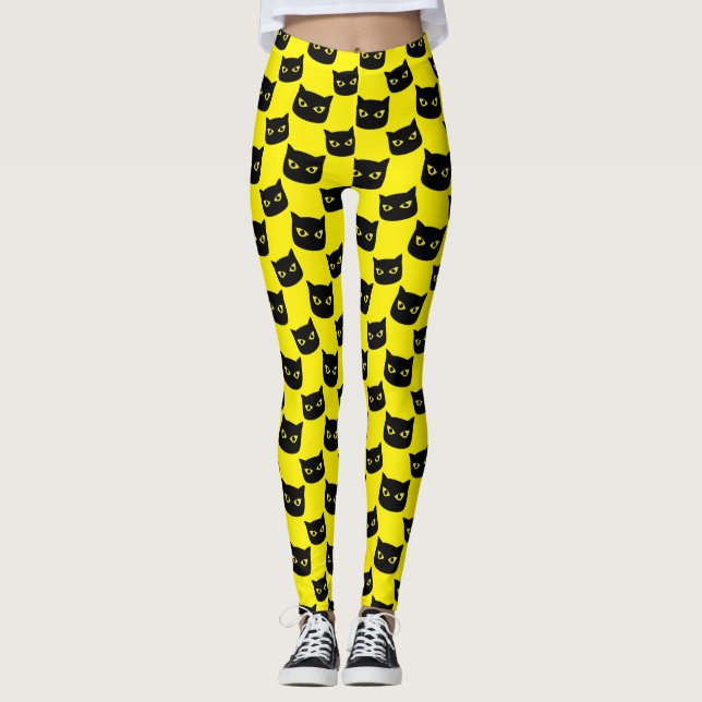 Svart och gult-katt Halloween mönster Leggings (Framsida)