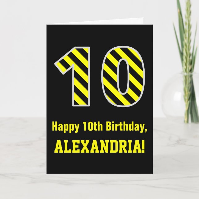 Svart och Gult med "10", 10:e födelsedag + Namn Kort (Framsida)
