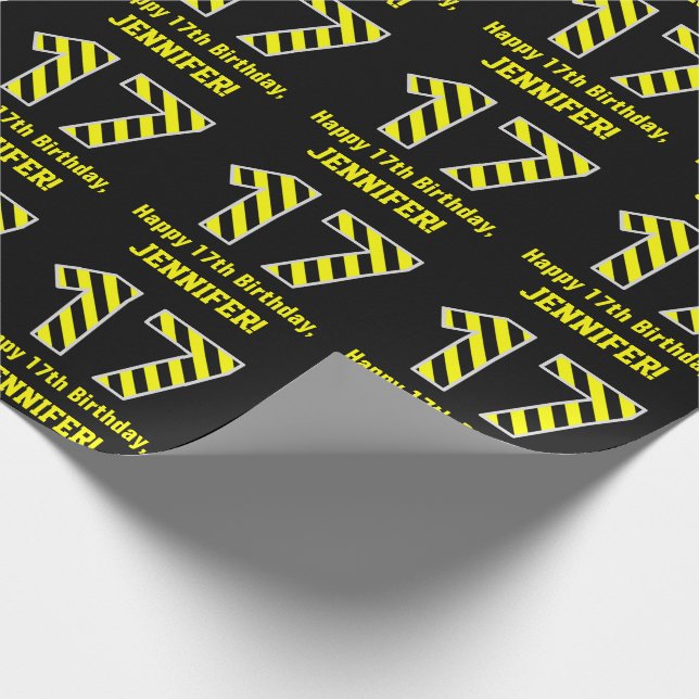 Svart och Gult med "17", 17:e födelsedag + Namn Presentpapper (Hörn)