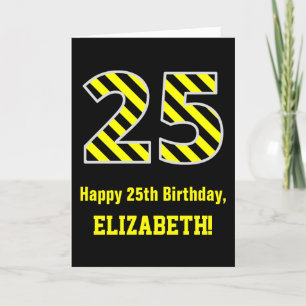 Svart och Gult med "25", 25:e födelsedag + Namn Kort