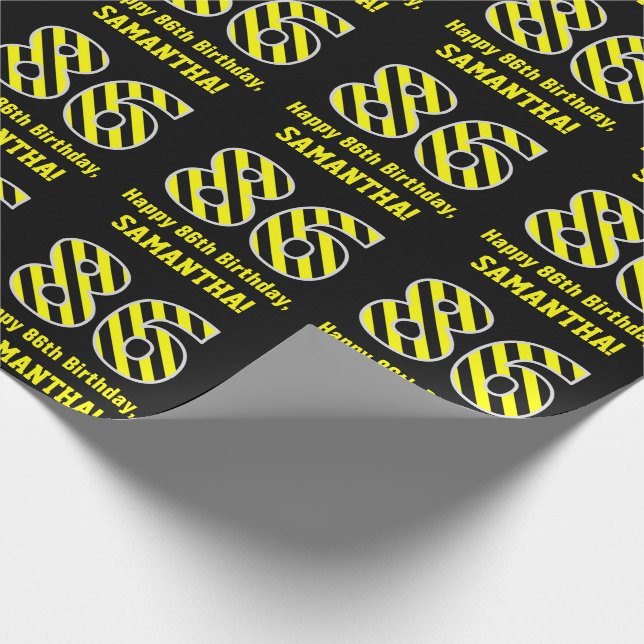 Svart och Gult med "86", 86:e födelsedag + Namn Presentpapper (Hörn)