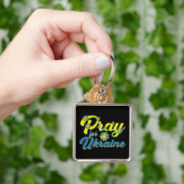 SVART OCH GULT PRAY FÖR UKRAINA MED BLOMMAR FYRKANTIG SILVERFÄRGAD NYCKELRING