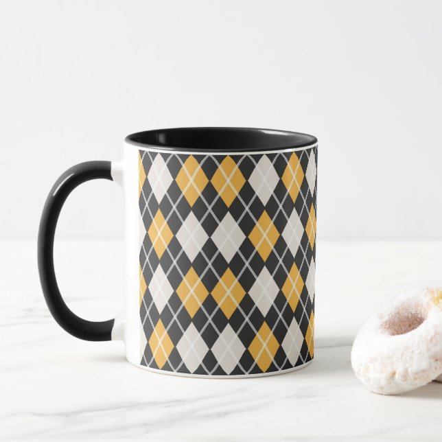Svart och gult Sömlöst Argyle Mönster Mugg (Med munk)