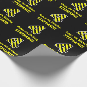 Svart och Gult stripe "4"; 4e födelsedagen + Namn Presentpapper