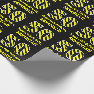 Svart och Gult stripe "50", 50:e födelsedag + Namn Presentpapper