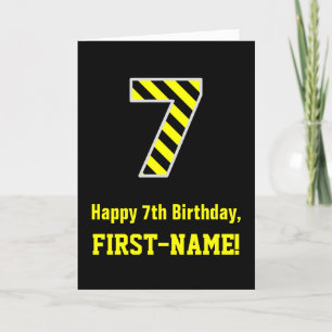 Svart och Gult stripe "7"; 7:e födelsedag + Namn Kort