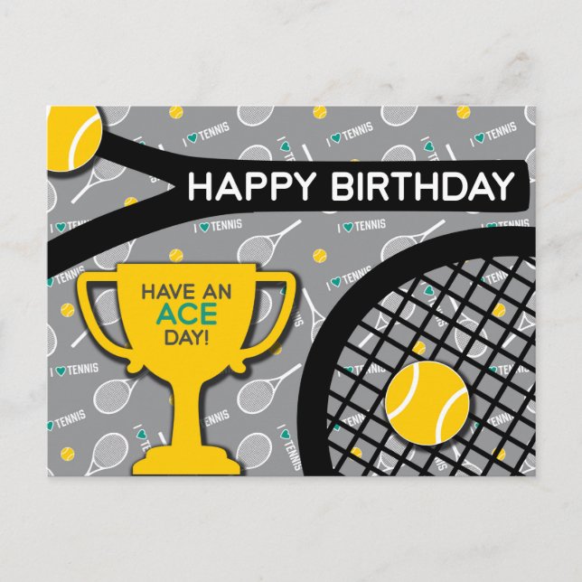🎾 svart och gult Tennis Birthday Postcard Vykort (Framsida)