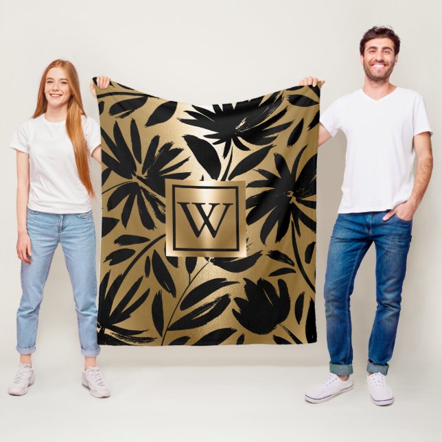 Svart och gyllene Blommigt-pensel Fleecefilt (På plats)