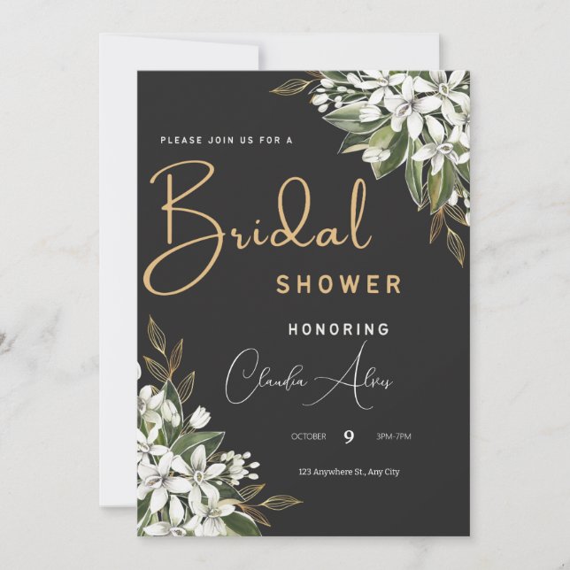 Svart och gyllene vattenfärgsMöhippa, Blommigt Spara Datumet (Framsida)