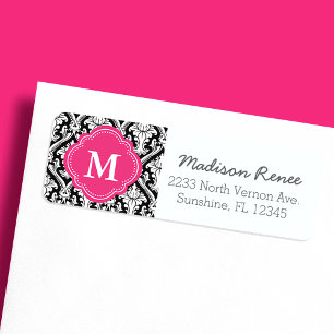 Svart och het rosa trendig damask egen monogram returadress etikett