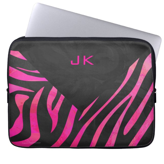 Svart och het rosa zebradesign med monogramm laptop fodral (Framsidan)