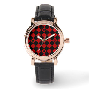 Svart och hombre red diamant Checker mönster Armbandsur