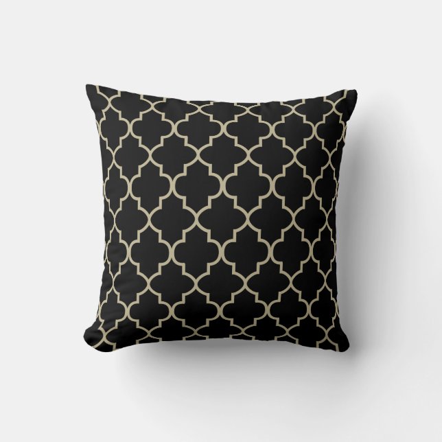 Svart och Khaki Quatrefoil Design Kudde (Framsida)
